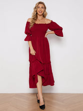 Off Shoulder Solid Color Slit Pleated Long Sleeve Dress Sai Feel